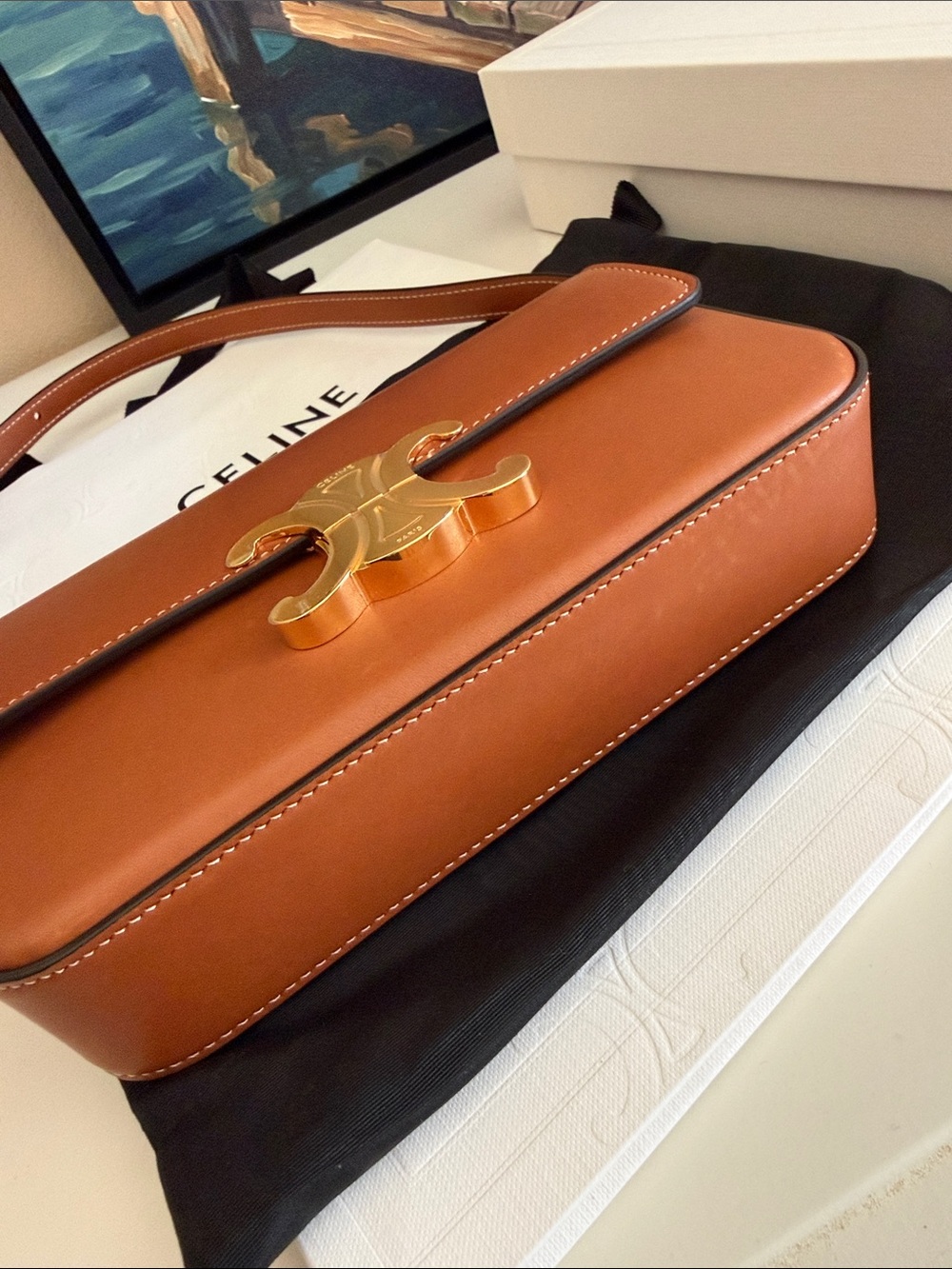 Celine Triomphe Claude Tan Calfskin Leather Shoulder Bag - Picture 6 of 12
